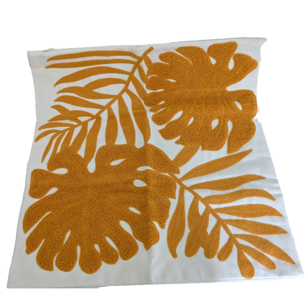Embroidery Throw Pillow Cover Square Tropical Leaves White Orange 18" x 18"